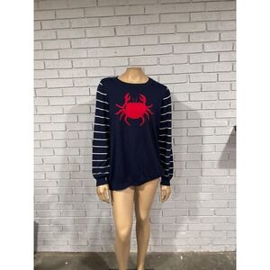 ModCloth Womens Navy Blue Striped Sleeve Red Crab Graphic Knit Sweater 1X